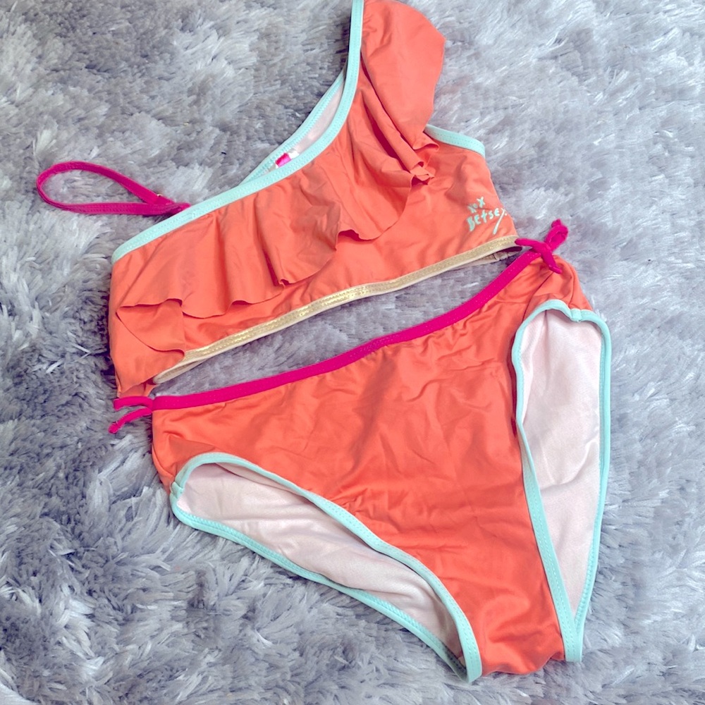 Betsey Johnson Coral Orange One Shoulder Ruffle Bikini Swimsuit Girl’s Size 14